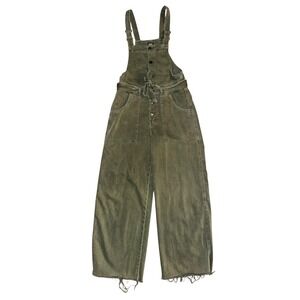 WB2 Aerie Olive Green Denim Overalls Wide Leg Distressed Hem Tie Waist Belted